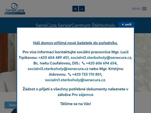 vítejte v seniorcentru štěrboholy v praha 10. v našem domovech poskytujeme služby domov pro seniory a domov se zvláštním režimem, který je zaměřen na péči o seniory trpící alzheimerovou chorobu či jinou formou stařecké demence.