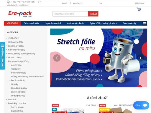maloobchod i velkoobchod obalových materiálů a balících strojů. balící stretch fólie, bublinková fólie, zakrývací fólie, polyethylenové fólie, bopp fólie, oboustranné lepicí pásky, potištěné lepicí pásky, potisk lepicích pásek, vyznačovací pásky, izolační pásky, textilní pásky, vázací pásky, kartonové obaly, klopová…