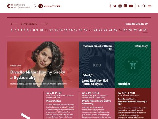 divadlo 29 se od svého vzniku v roce 2002 profiluje jako multižánrové kulturní a produkční centrum zaměřené na uvádění a podporu současného nemainstreamového umění především z oblasti performing arts, literatury, filmu a vizuálního umění.