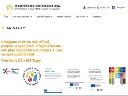 základní škola a mateřská škola slapy, škola pracující s prvky montessori pedagogiky