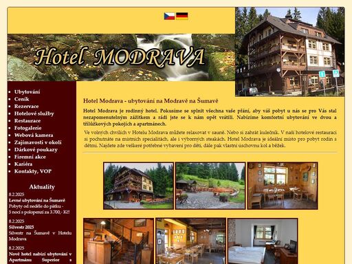 hotel modrava nabízí komfortní ubytování na šumavské modravě ve dvou a třílůžkových pokojích a apartmánech s možností dětské postýlky. v ceně ubytování je zahrnuta snídaně formou švédského stolu. v hotelu je sauna, whirlpool, kulečník, šipky, úschovna a půjčovnu kol a běžek.