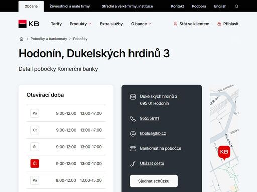 seznam a vyhledávání poboček a bankomatů komerční banky.
