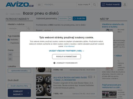 online bazar avízo.cz nabízí mnoho aktuálních inzerátů na prodej pneu, kol a disků. vyberte si z naší nabídky.