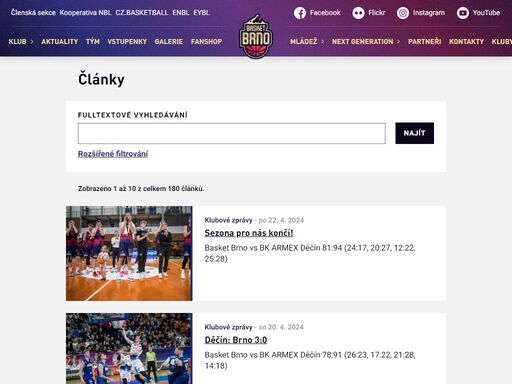 webová stránka profesionálního basketbalového klubu basket brno