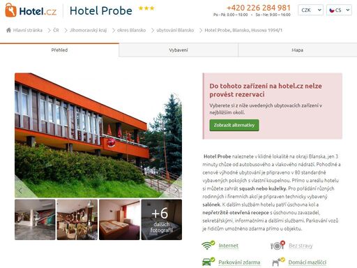 tříhvězdičkový hotel probe se nachází na okraji jihomoravského města blanska, v oblasti moravského krasu. hotel poskytuje pohodlné ubytování jednotlivým turistům i rodinám s dětmi, vlastní restauraci i sportovní bar.