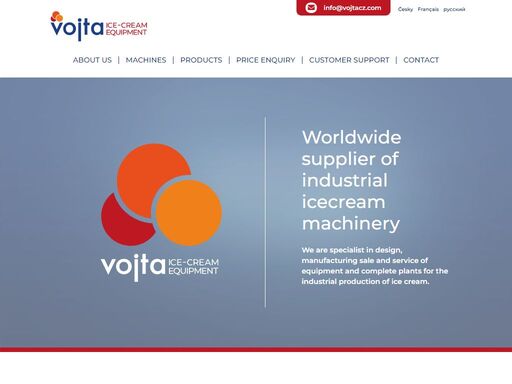 vojta equipment — is specialised in the design, manufacturing, sale and service of equipment and complete plants for the industrial production of ice cream. starting from mix preparation, ageing, freezing, forming and filling up to blast freezing of final products, we are in position to offer robust, user friendly and reliable machinery.