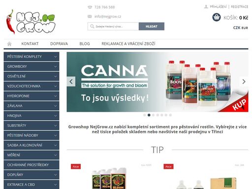 homepage. growshop nejgrow.cz nabízí kompletní sortiment pro pěstování rostlin. vybírejte z více než tisíce položek skladem nebo navštivte naši prodejnu v třinci