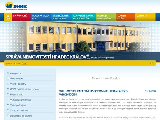 správa nemovitostí hradec králové, p.o. spravuje - plavecký bazén 50 m, městské lázně - aquacentrum, letní koupaliště flošna a wellness studio flošna. dále spravuje městské domy a soukromé domy v hradci králové.