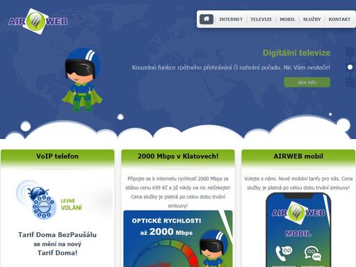 vysokorychlostní internet a digitální televize | klatovy, nýrsko, domažlice | airweb spol. s r.o. poskytování telekomunikačních služeb. vysokorychlostní připojení k internetu nejmodernějšími technologiemi - optická i bezdrátová připojení do sítě. outsourcing it. více na www.airweb.cz.