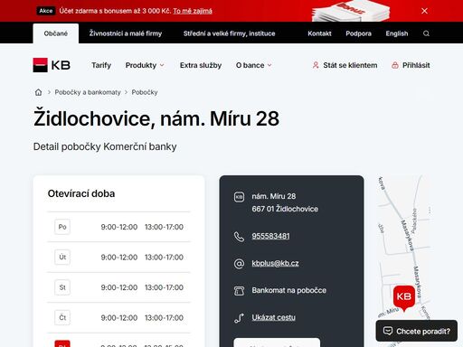 seznam a vyhledávání poboček a bankomatů komerční banky.