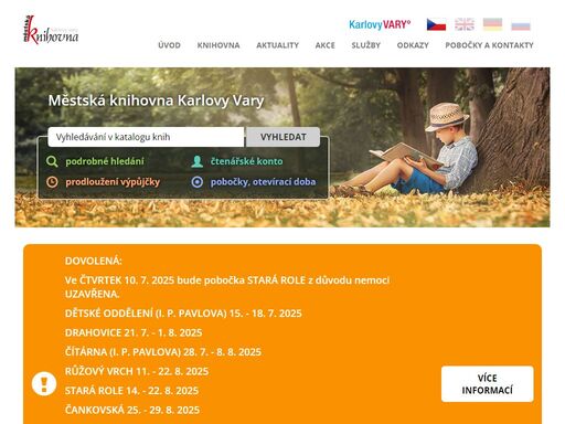 oficiální web městské knihovny karlovy vary. pobočky, otevírací doby poboček, online vyhledávání v knihovně, čtenářské konto a další informace.