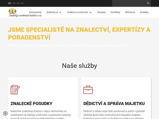 znalecký ústav - specialista při znalectví, expertízách a poradenství. www.znalecky.cz slouží jako informační server o oceňování majetku a znalecké činnosti obecně.