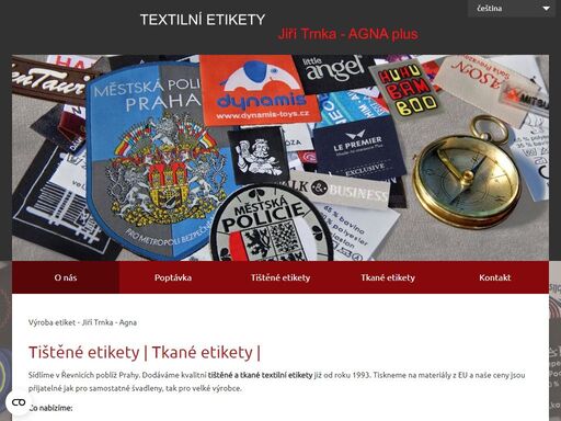 tištěné, tkané a pryžové textilní etikety k označování textilu, prádla a oděvů.