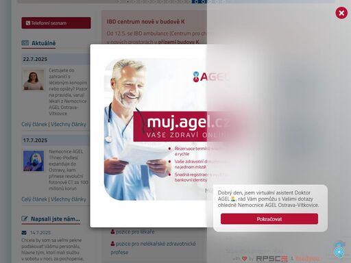 nemocnice agel ostrava-vítkovice poskytuje základní i vysoce odbornou péči. díky specializovaným pracovištím jako jsou iktové centrum, centrum péče o zažívací trakt, vaskulární centrum, centrum péče o matku a dítě, chirurgické oddělení a mamologické centrum zaujímá významné místo mezi zdravotnickými zařízeními nejen v moravskoslezském kraji. nelze opomenout další oddělení nemocnice, která zajišťují komplexnost a bezpečné prostředí pro pacienty.