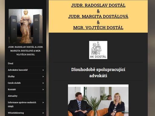 stránky advokátní kanceláře judr. radoslava dostála, judr. margity dostálové a mgr. vojtěcha dostála se sídlem ak v brně, ulice lazaretní 4298/11a. poskytování právních služeb klientům a jejich zastupování v občanskoprávních, pracovněprávních i trestněprávních věcech. ak rovněž poskytuje služby co by pověřenec pro gdpr.