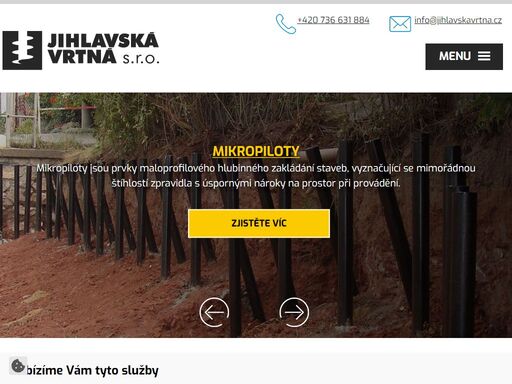 jsme firma působící v oboru geotechnických prací již od roku 2007. specializujeme se na vrtané studny, vrty pro tepelná čerpadla, mikropiloty,
zemní kotvy, záporové stěny, sanace, stříkané betony, injektáže a hydrogeologické vrty.