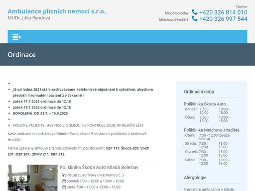plicní ambulance v mladé boleslavi a mnichově hradišti. mudr. jitka ryndová