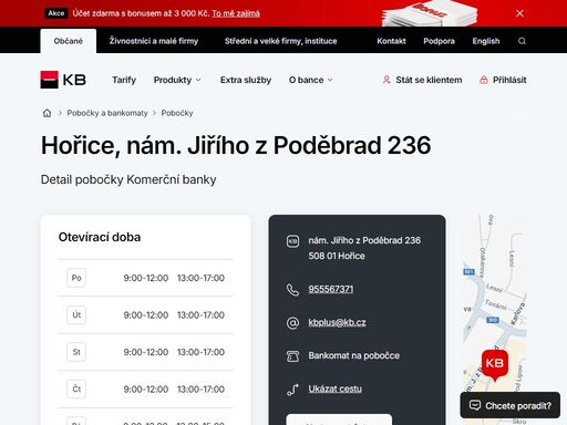 seznam a vyhledávání poboček a bankomatů komerční banky.