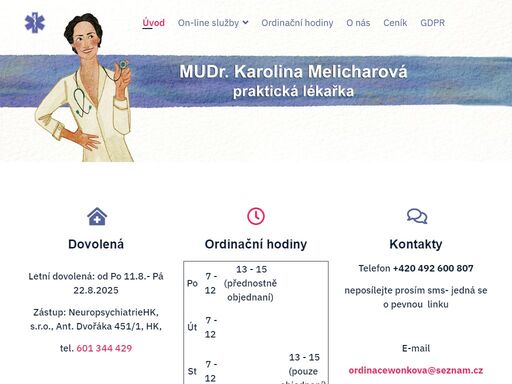 mudr. karolina melicharová je praktickým lékařem. ordinuje v hradci králové. přes naše webové stránky si můžete požádat o e-recept. další informace získáte na našem webu.