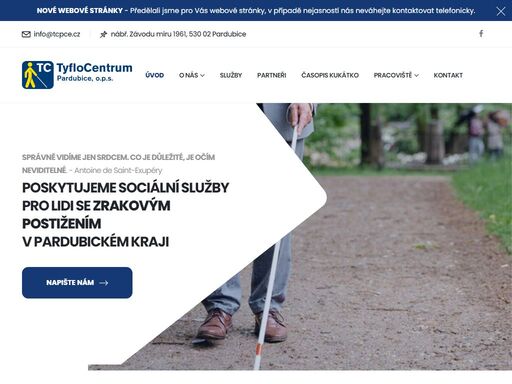 oficiální webová prezentace tyflocentrum pardubice, o.p.s. jsme tu pro vás více než 20 let. poskytovatel sociálních služeb pro lidi se zrakovým postižením v pardubickém kraji.