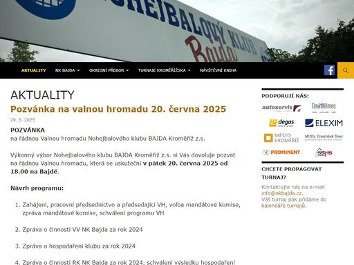 úvodní stránka webu nohejbalového klubu bajda kroměříž. naleznete zde vše týkající se jak historie, tak i současnosti tohoto klubu, dále pak nohejbalu v kroměříži a jeho okolí.