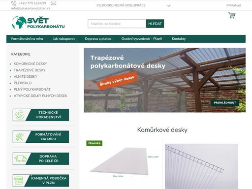 polykarbonátové komůrkové, plné, trapézové a vlnité desky/ plexisklo / montážní příslušenství / odborné poradenství samozřejmostí / formátování na míru