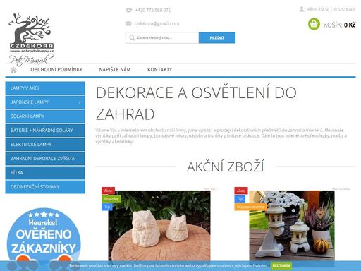 dekorace a osvětlení do zahrad. vítáme vás v internetovém obchodu naší firmy, jsme výrobci a prodejci dekorativních předmětů do zahrad a interiérů. mezi naše výrobky patří zahradní lampy, bonsajové misky, nádoby a truhlíky z imitace pískovce. dále to jsou interiérové dřevořezby, malby a výrobky z keramiky.