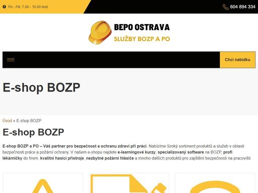v e-shopu nabízíme široký výběr produktů a služeb pro bozp a po; např. e-kurzy, software, lékárničky, hasicí přístroje. rychlé dodání, skvělé ceny.