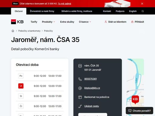 seznam a vyhledávání poboček a bankomatů komerční banky.