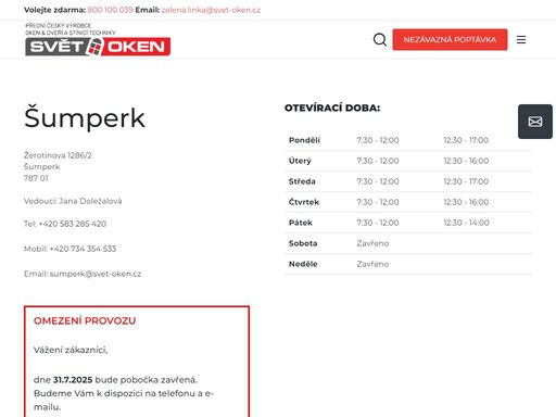 pobočka společnosti svět oken šumperk nabízí do konce měsíce se slevou plastová okna, plastové dveře, hliníková okna, hliníkové dveře, garážová vrata, balkóny a lodžie a stínící techniku.
