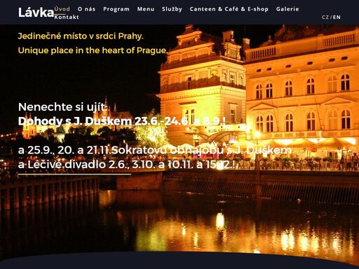 klub lávka u karlova mostu je jedním z nejdéle fungujících podniků svého druhu v praze. pravidelně se zde pořádají divadelní představení, koncerty, firemní večírky, svatby, soukromé oslavy a nejrůznější kulturní a společenské akce. lávka má také vlastní přístav, kde si lze zapůjčit šlapadlo nebo objednat okružní plavbu lodí.