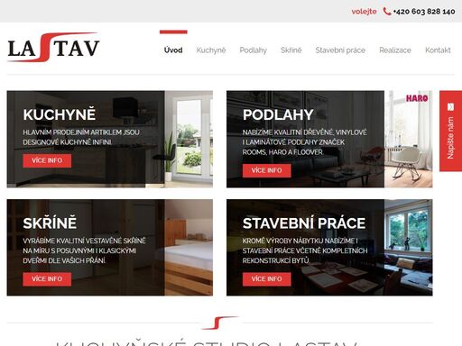 kuchyňské studio lastav 72 vám kromě značkových kuchyní nabízí i výrobu vestavěných skříní, kvalitní podlahy včetně instalace a stavební práce.