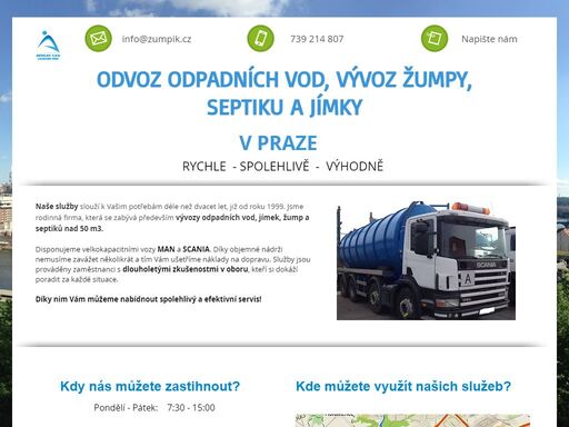 odvoz odpadních vod, vývoz žumpy, septiku a jímky praha. rychle - spolehlivě - výhodně. tel.: 739 214 807. www.zumpik.cz