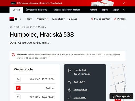 seznam a vyhledávání poboček a bankomatů komerční banky.