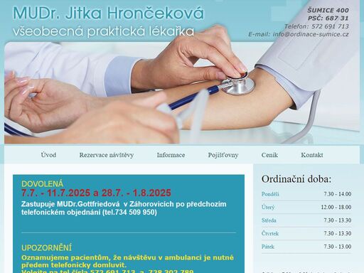 mudr. jitka hrončeková, praktická lékařka v obci šumice. ordinační doba, rezervace návštěvy u lékaře.