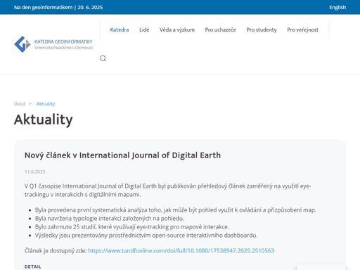 katedra geoinformatiky up je předním geoinformatickým a kartografickým pracovištěm. bakalářské, magisterské i doktorské studium. výzkum na mezinárodní úrovni.
