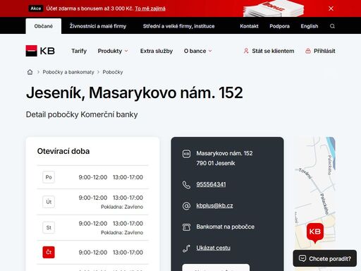 seznam a vyhledávání poboček a bankomatů komerční banky.