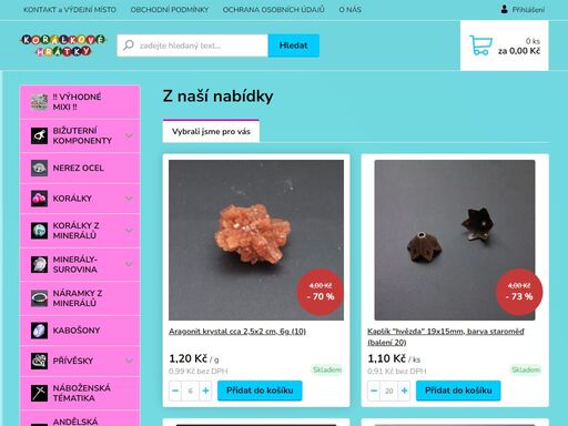 korálky, minerální korálky, stuhy, drátky, bižuterie, přívěsky, pomůcky