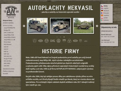 plachty, sedačky a příslušenství na jeep willys ma/mb/ford gpw, dodge wc, gmc cckw 353, willys m38/m38a1, m151 mutt, m29 weasel, gaz 69, gaz 67, kdf 82, kdf 166, aro m461, uaz-469 a další historická vojenská vozidla