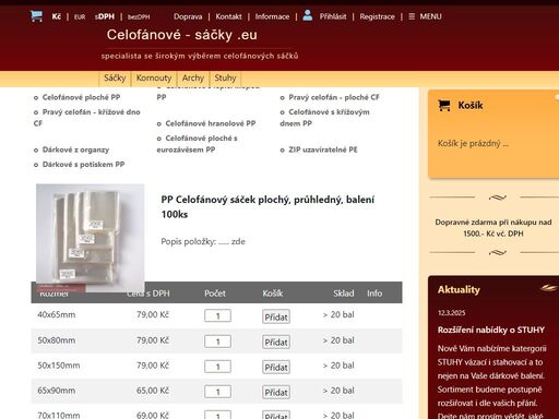 průhledné celofánové sáčky a vrecká mnoha rozměrů skladem, celofánový pytlík vrecko s křížovým nebo obdélníkovým dnem, pp sáček s lepící klopou, celofánové archy a přířezy