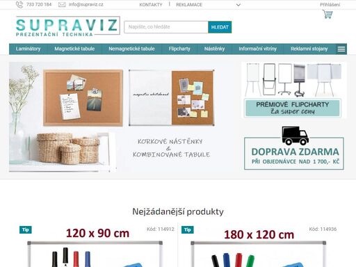 homepage. vítejte v internetovém obchodě supraviz.cz
supraviz.cz je místem, kde naleznete široký výběr prezentační techniky, která je vhodná pro kancelářské, školní a další jiné použití.
specializujeme se především na magnetické tabule, flipcharty a nástěnky.