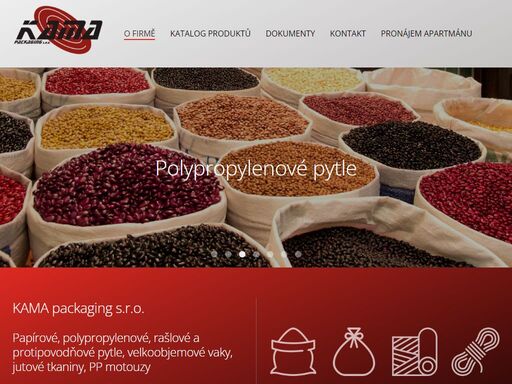 kama, tkaniny, pytle, motouzy, obalový materiál, jutové tkaniny, papírové pytle, vaky, velkoobjemové vaky firma kama packaging vznikla v roce 1998 a od té doby působí na trhu s obalovými materiály, zejména jutovými tkaninami, polypropylenovými pytli, papírovími pytli a velkoobjemovými vaky.