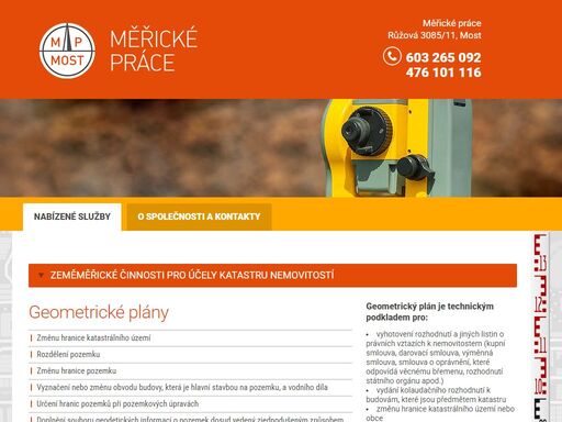 zeměměřické činnosti pro účely katastru nemovitostí, zeměměřické činnosti ve výstavbě, tvorba a údržba mapových informačních systémů. autorizovaný prodejce a servis produktů gepro. prodejce geodetických, navigačních a stavebních přístrojů z nabídky geoobchod s.r.o., včetně záručního a pozáručního servisu a kalibrace dodávaných přístrojů.