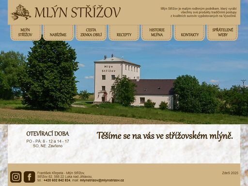 úvodní stránka mlýna střížov s otevírací dobou a novinkami.
