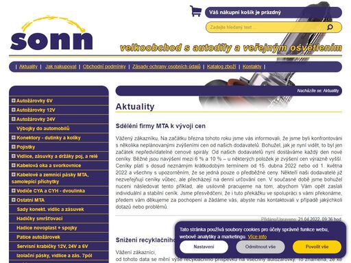 sonn s.r.o. - velkoobchod s autodíly a veřejným osvětlením.