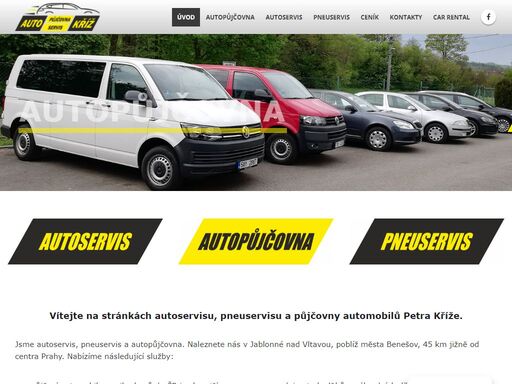 vítejte na stránkách autokriz.cz. jsme autoservis, pneuservis a autopůjčovna. naleznete nás v jablonné nad vltavou, poblíž města benešov, 45 km jižně od centra prahy. nabízíme následující služby: zapůjčení automobilu a mikrobusů do čr i zahraničí, opravu a údržbu automobilů, přípravu na stk, výměnu a vyvažování pneumatik, výměnu oleje, prodej autodoplňků a náhradních dílů, servis klimatizací, výměny a opravy autoskel a další.