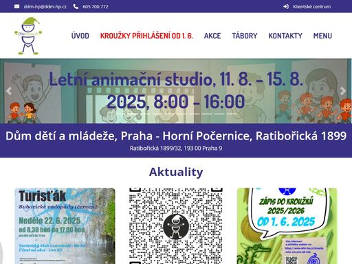 dům dětí a mládeže nabízí zájmové činnosti pro aktivně strávený volný čas dětí, mládeže i dospělých v pracovních dnech, o víkendech, i prázdninách. v naší nabídce si můžete vybírat z cca 100 kroužků v pravidelné činnosti: výtvarné a rukodělné, sportovní, taneční, hudební, se zaměřením na přírodu, výpočetní techniku, fotografování, modelářství, výuku cizích jazyků a další činnosti. každý rok se kromě již tradičních a oblíbených činností snažíme nabídnout i něco nového a moderního. pořádáme různé výstavy, dílničky, soutěže, výlety, turnaje, vystoupení, akce, spolupracujeme s místními organizacemi i s ostatními pražskými domy dětí a mládeže. připravujeme příměstské i pobytové tábory v čechách i zahraničí se všeobecným zaměřením i se zaměřením např. na tanec, hudbu, florbal, nebo v zimě lyžařské a snowboardové výcviky. přejeme si, aby každý v naší nabídce našel to, čím by mohl příjemně vyplnit svůj volný čas.