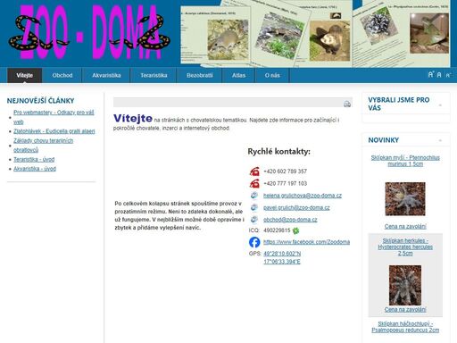 domovská stránka zoo-doma.cz, komunity chovatelů.