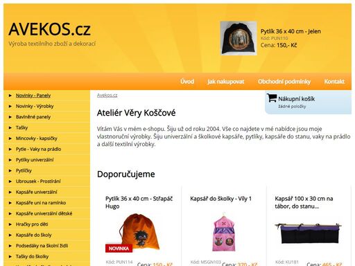 avekos.cz nabízí kapsáře univerzální, zástěry, dětské, kapsáře do školy a školky, polštáře, tašky, pytlíky, vaky, prostírání, aj.