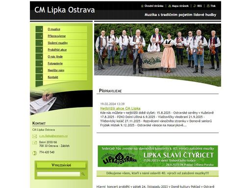 stránky o činnosti a akcích cimbálové muziky lipka z ostravy. lipka usiluje o hudební projev blízký tradičnímu pojetí lidové hudby.  /> <meta name=google-site-verification content=s4dcfjrkunwhozzd8j6vguh9pqxkr7mlhkaa90w7pvq 